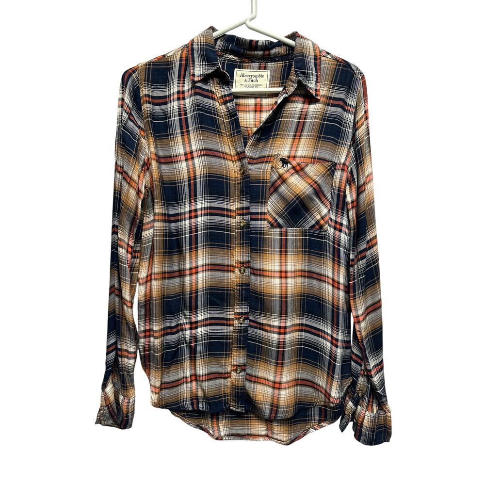 Abercrombie & Fitch Plaid Flannel Shirt XS – Navy Orange Brown Check Oversized